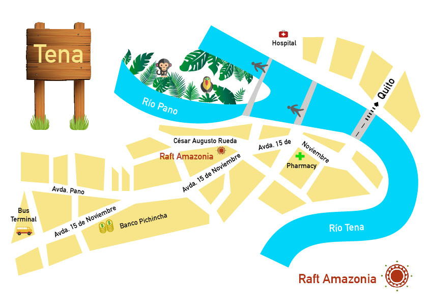 A map of Tena showing Raft Amazonia's location and local amenities.